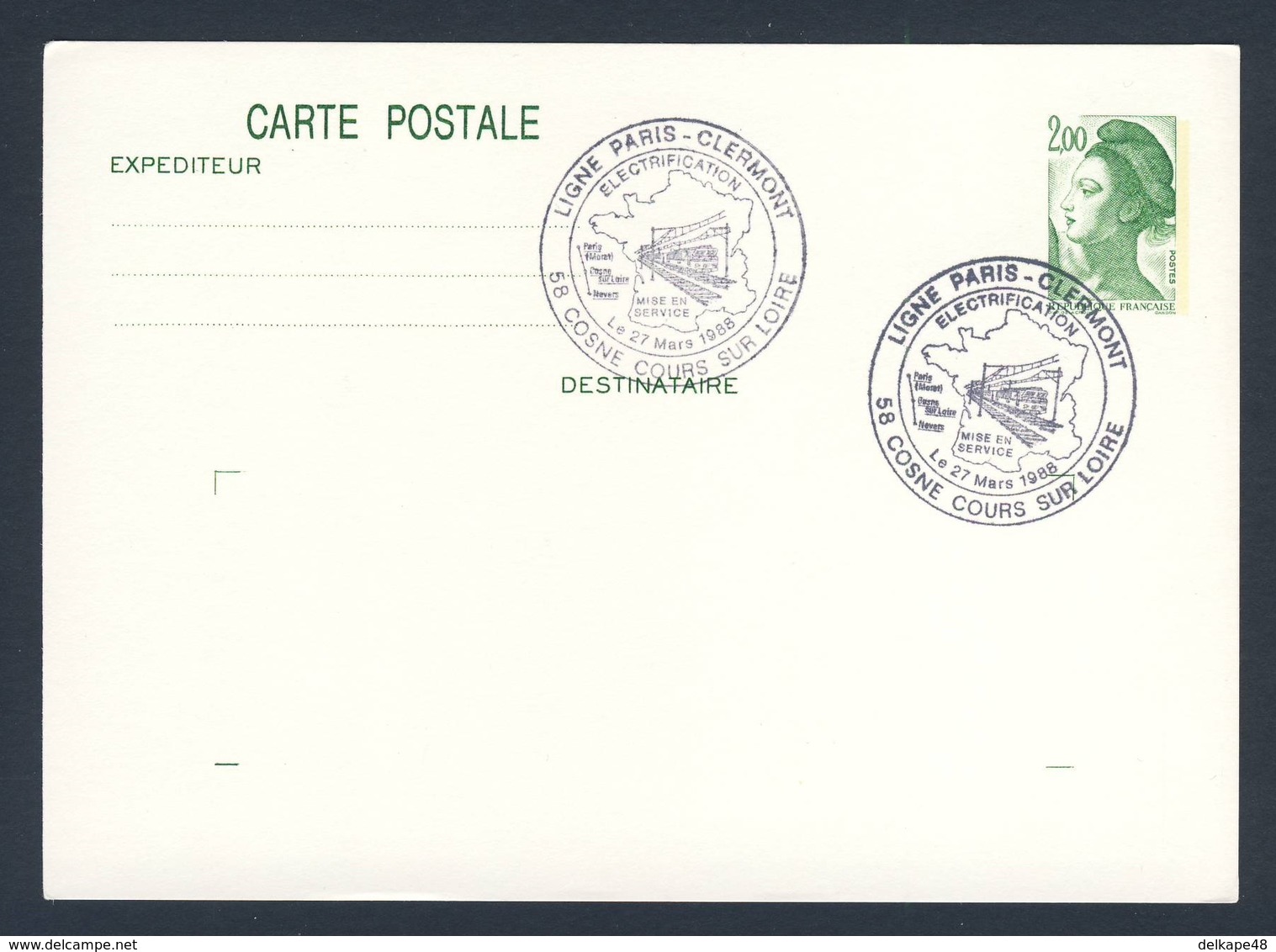 France Rep. Française 1988 Card / Karte / Enveloppe - Ligne Paris-Clermont, Electrfication - Cosne Cours Sur Loire - Treinen