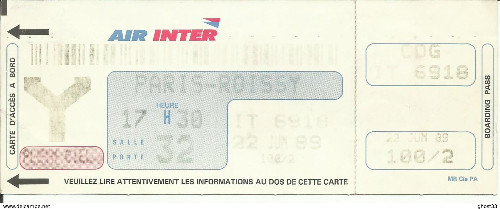 AIR INTER - Carte D'Embarquement/Boarding Pass - 1989 - TOULOUSE / PARIS ROISSY - Carte D'imbarco