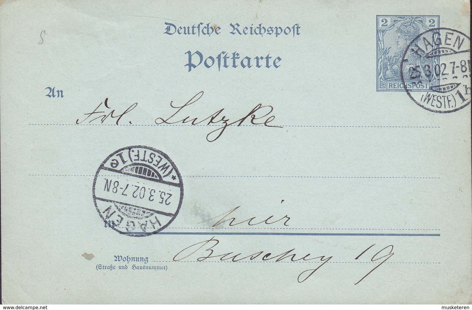 Deutsche Reichspost Postal Stationery Ganzsache 2 Pf. Germania HAGEN (Westf.) 1902 HAGEN (Westf.) Arr. Cds. - Postcards