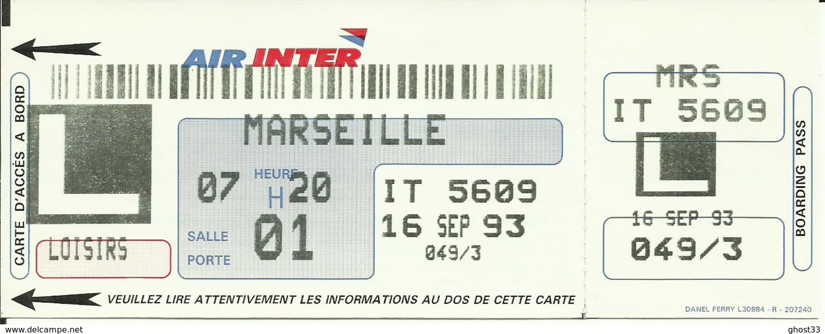 AIR INTER - Carte D'Embarquement/Boarding Pass - 1993 - PARIS ORLY / MARSEILLE - Instapkaart