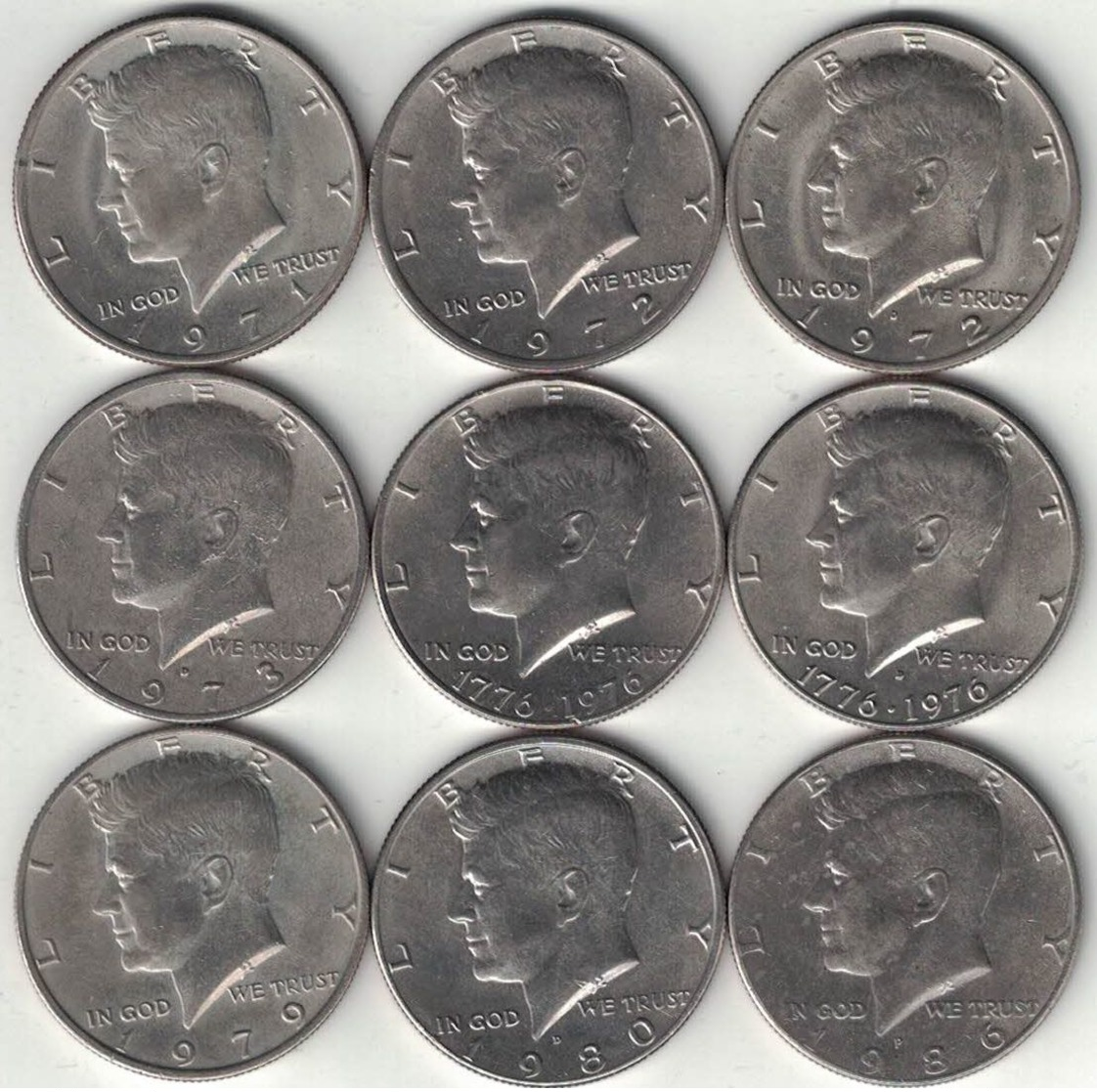 USA Collection Of 9 Kennedy Half Dollar Coins 1971-1986 All Listed & Different - 1964-…: Kennedy