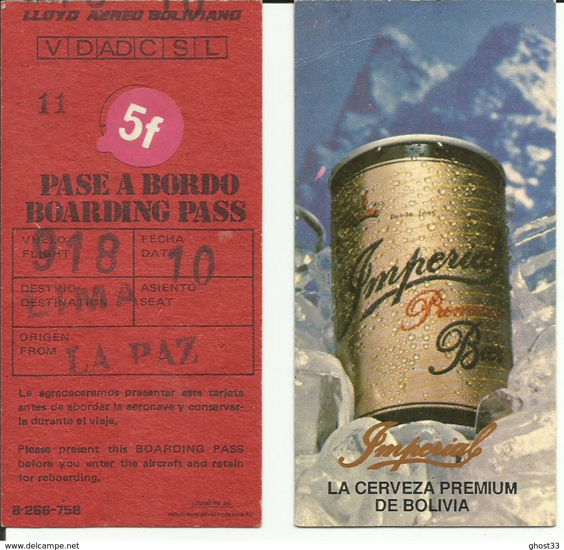 LLOYD AEREO BOLIVIANO - Carte D'Embarquement/Boarding Pass -1988 - LA PAZ / LIMA - Tarjetas De Embarque