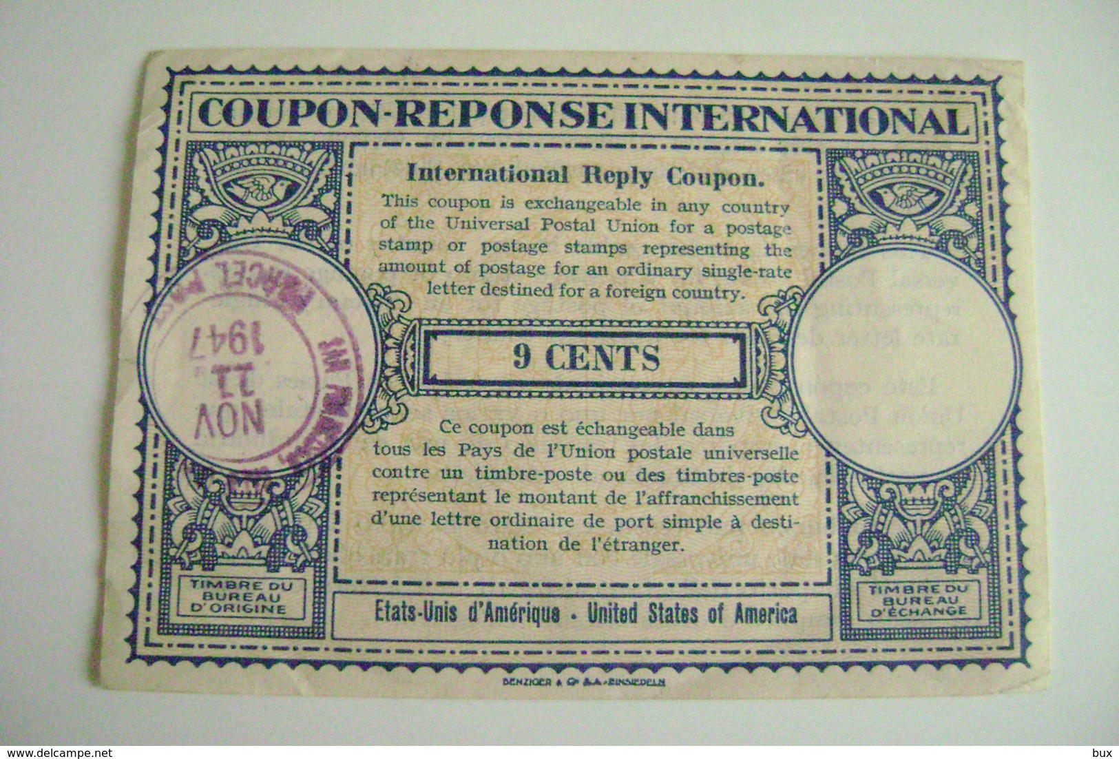 1947  US-Coupon-Reponse-International-9c-United-States-of-America USA - Storia Postale