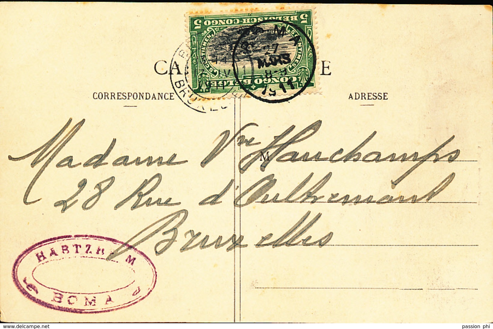 BELGIAN CONGO 1910 ISSUE 5c PRINTED RATE ON PC  "LE MATADI VAPEUR SINISTRE" FROM BOMA TO BRUSSELS - Lettres & Documents