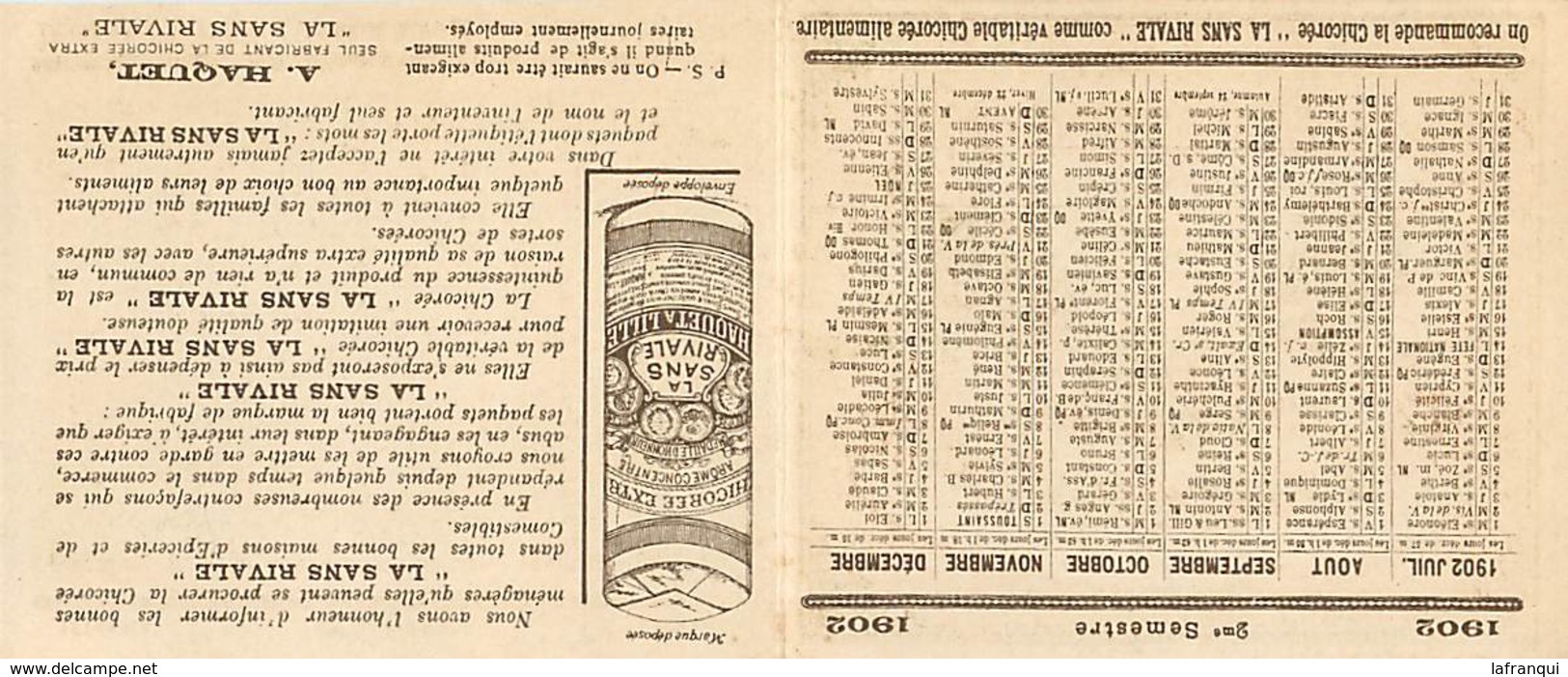 Gd Format -ref Y348- Calendrier 10cms X 8,5cms X 2volets - Publicité Chicorée Extra A Haquet Lille -nord - - Small : 1901-20