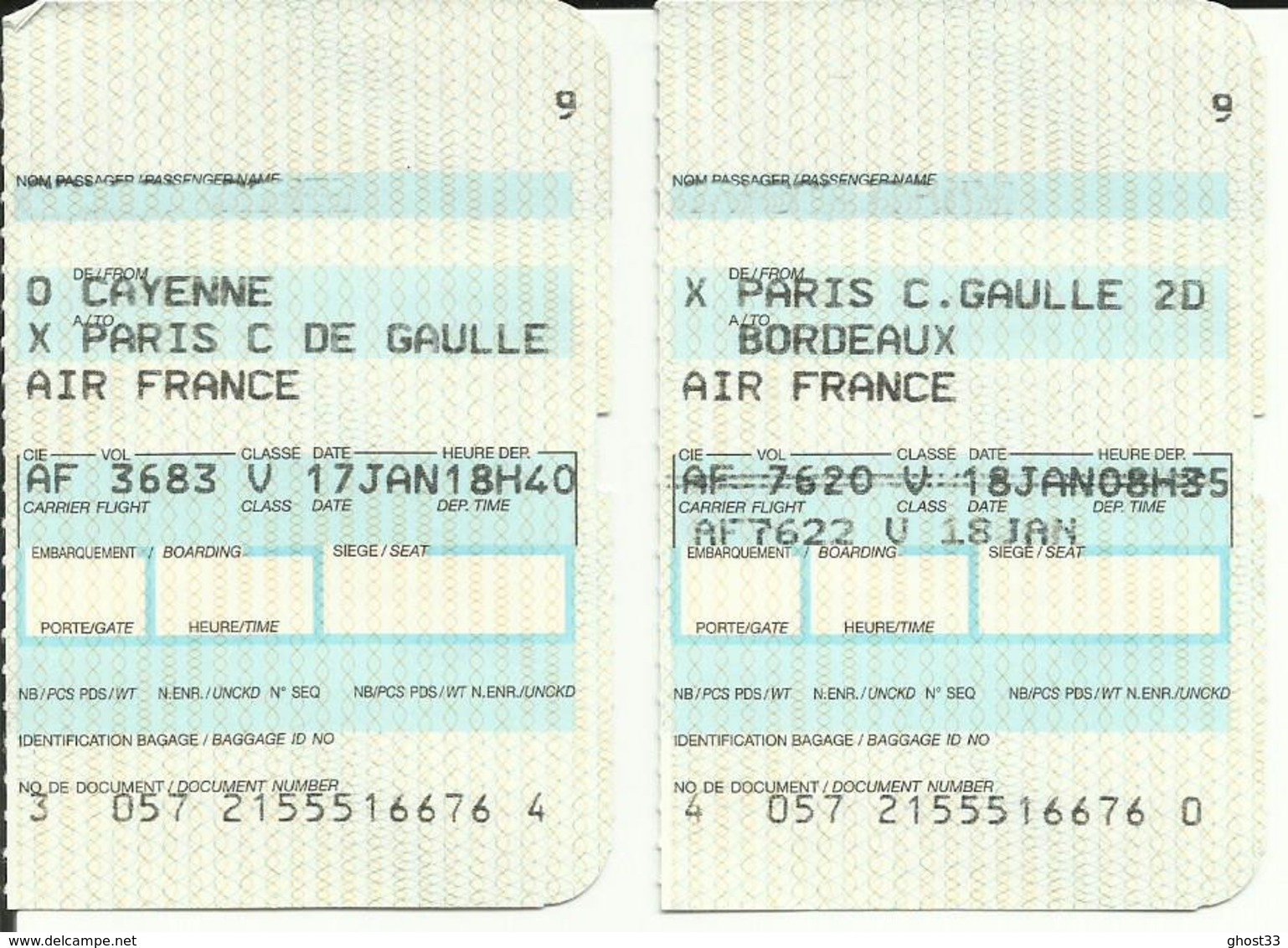 AIR FRANCE - Carte D'Embarquement/Boarding Pass -1988 - CAYENNE / PARIS CDG / BORDEAUX - Tarjetas De Embarque