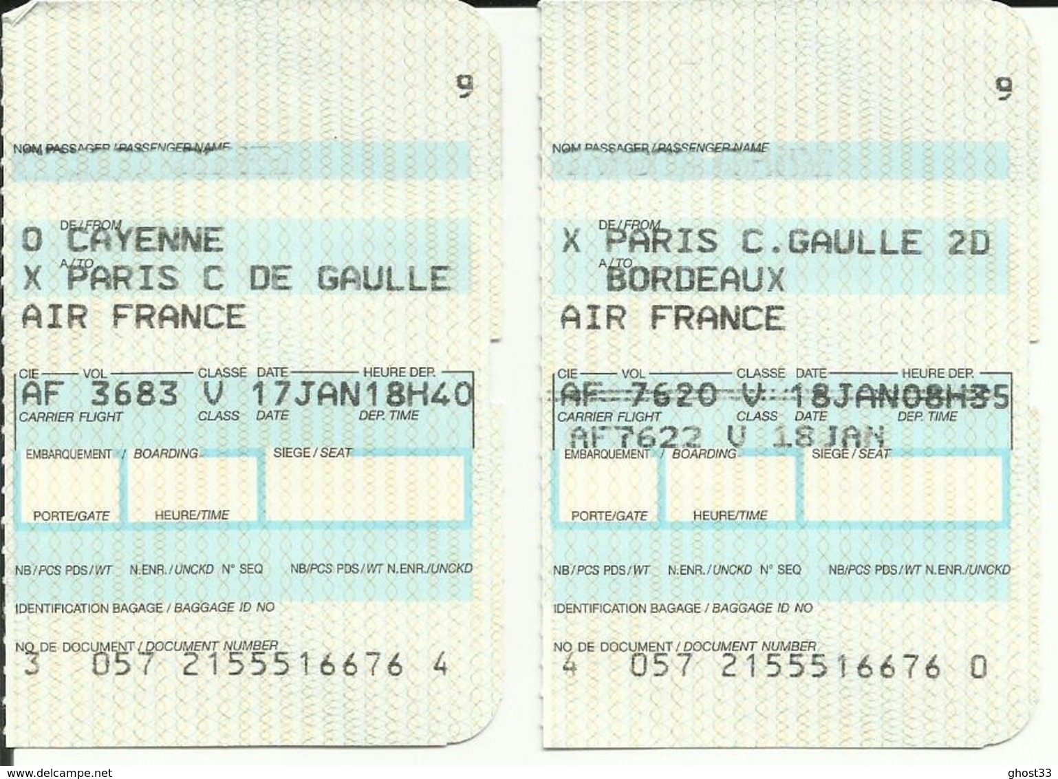 AIR FRANCE - Carte D'Embarquement/Boarding Pass -1988 - CAYENNE / PARIS CDG / BORDEAUX - Boarding Passes