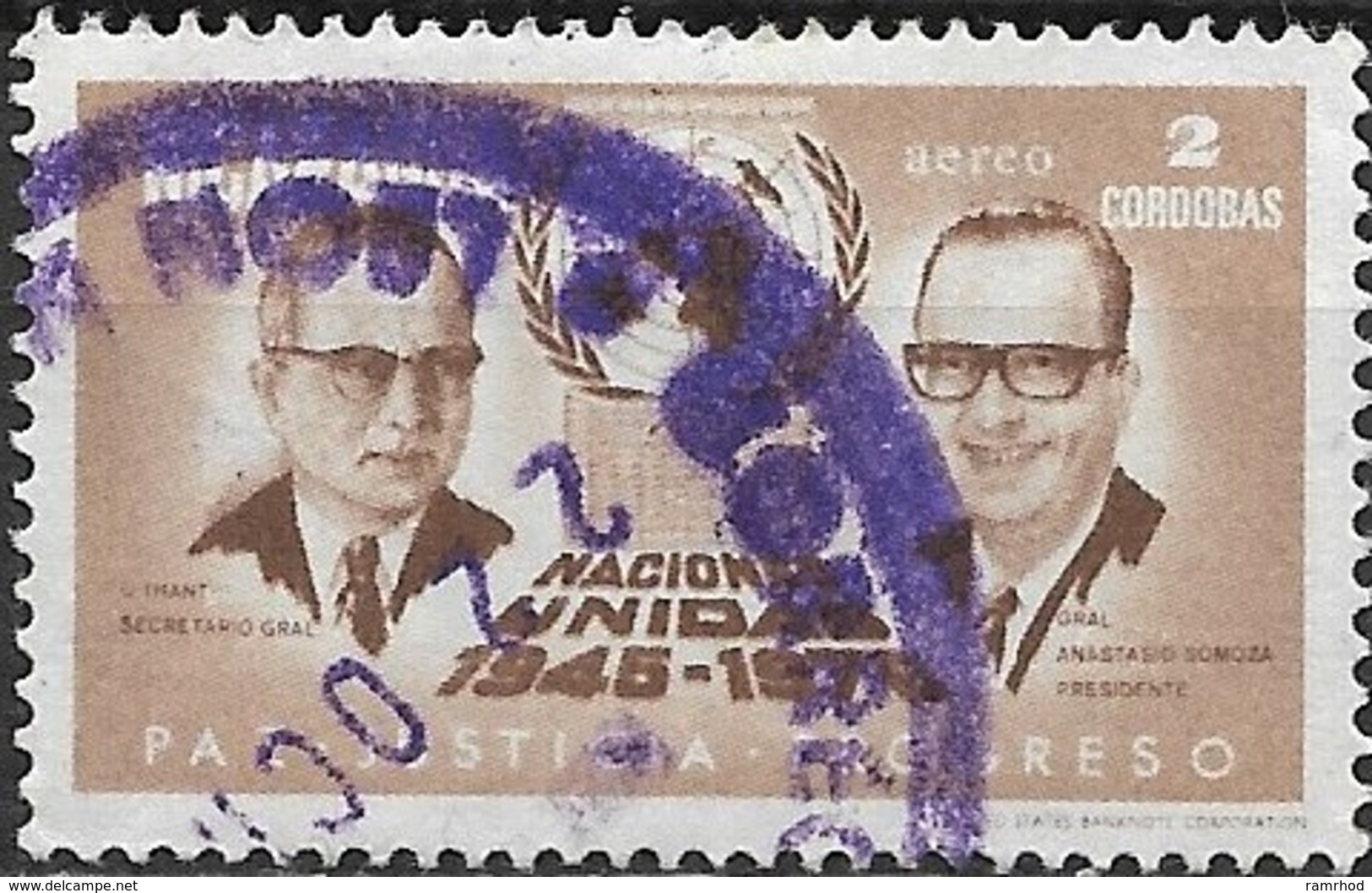 NICARAGUA 1971 Air. 25th Anniv Of U.N.O - 2cor U Thant And Pres. Somoza FU - Nicaragua