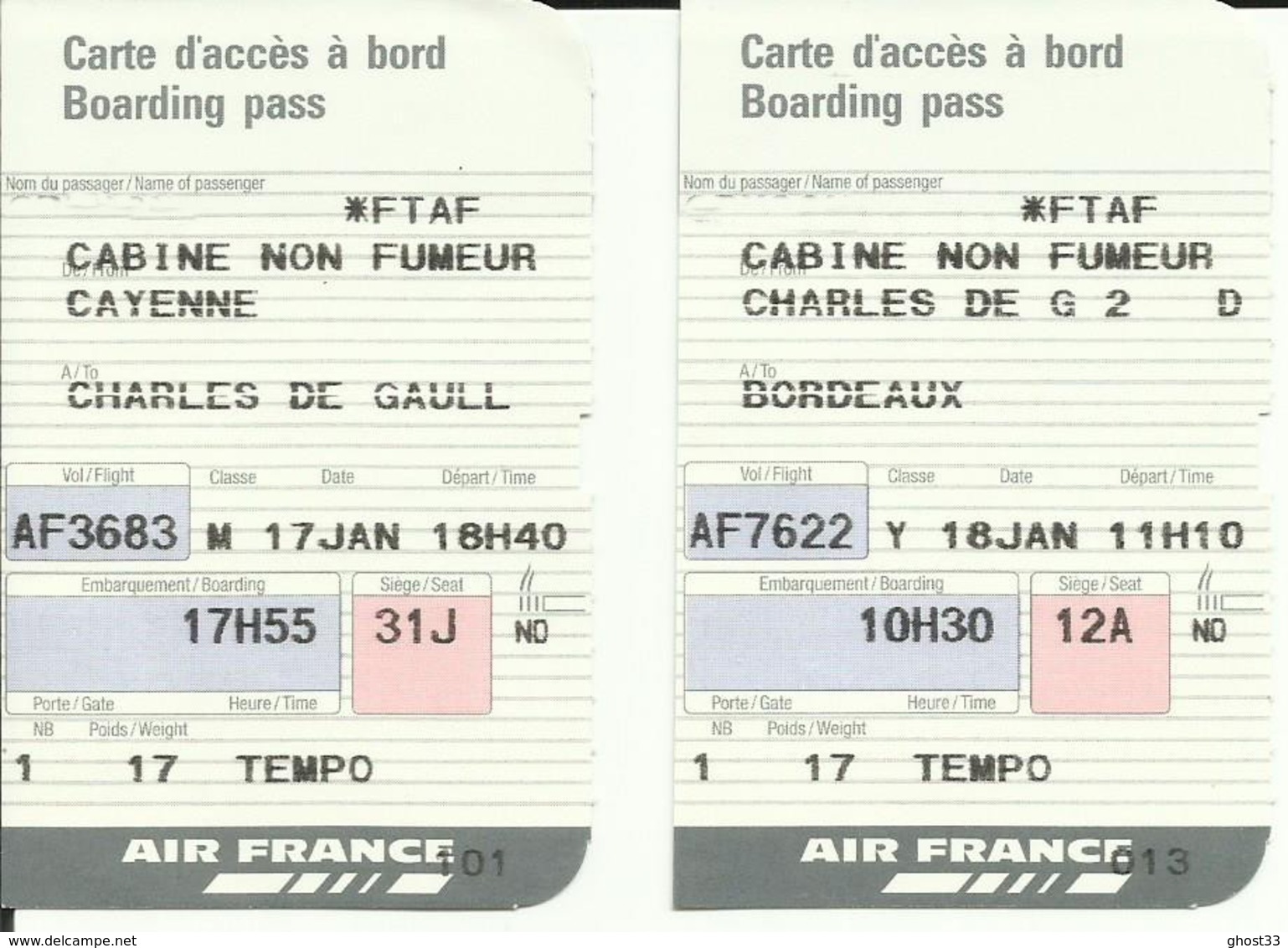 AIR FRANCE - Carte D'Embarquement/Boarding Pass -1988 - CAYENNE / PARIS CDG / BORDEAUX - Boarding Passes