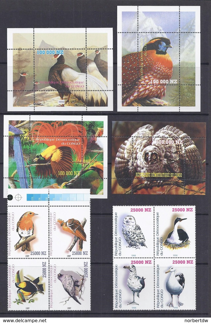 Congo**BIRDS-6 BLOCKS-1997/98-PARADISE BIRD-TOUCAN-OWL-HAWK-SEAGULL-BIRDS Of PREY-VOGEL-OISEAUX - Mint/hinged