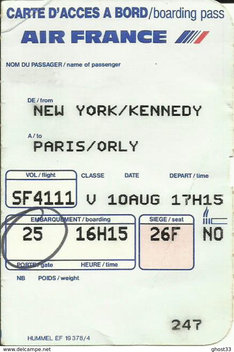 AIR FRANCE - Carte D'Embarquement/Boarding Pass -1986 - NEW YORK KENNEDY / PARIS ORLY - Tarjetas De Embarque