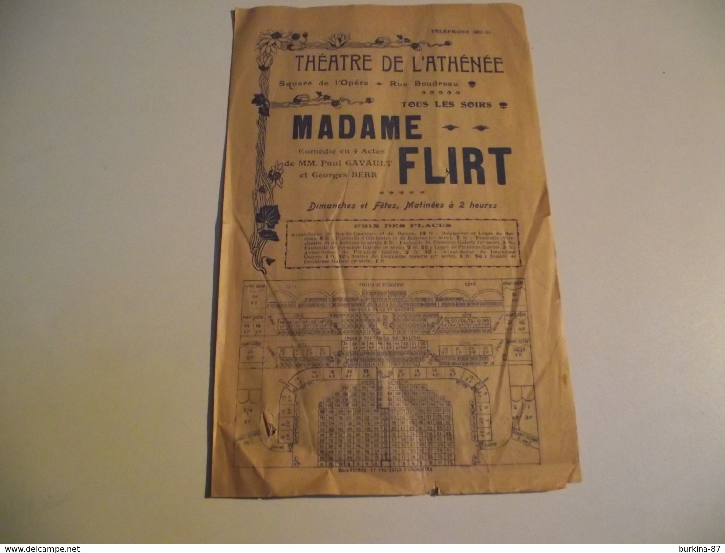 Programme, Publicité, THÉÂTRE DE L’ATHÉNÉE, Mme FLIRT,vers 1901 - Programmes