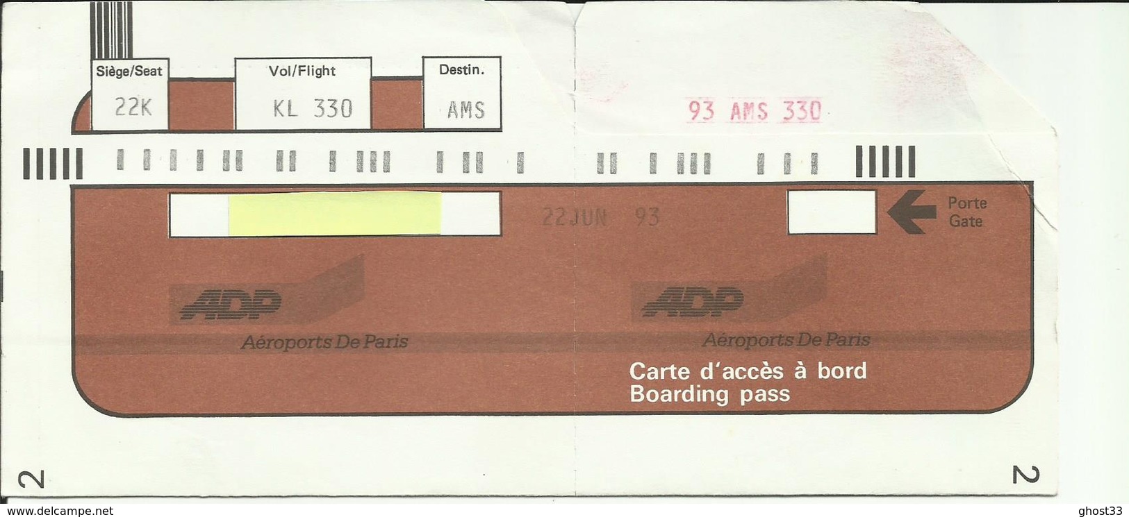 AEROPORT DE PARIS - Carte D'Embarquement/Boarding Pass -1993 - PARIS ORLY / AMSTERDAM - Tarjetas De Embarque