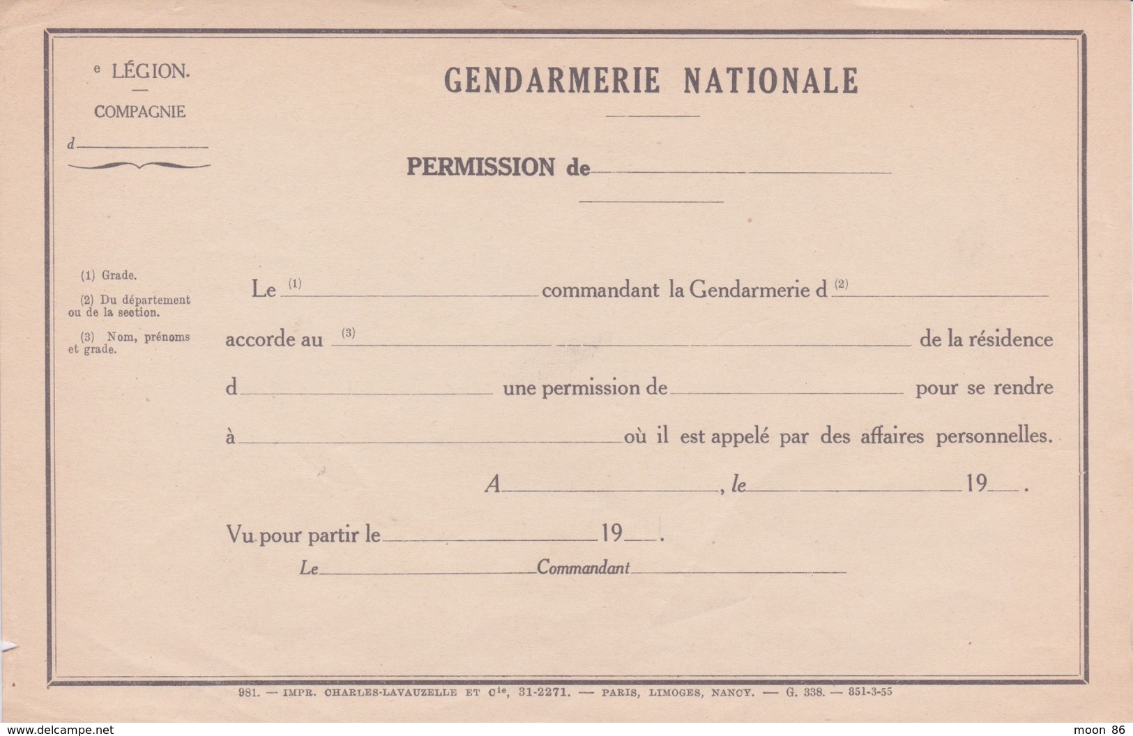 MILITARIA - DOCUMENT GENDARMERIE NATIONALE - TITRE DE PERMISSION - IMPR CHARLES LAVAUZELLE - Documents