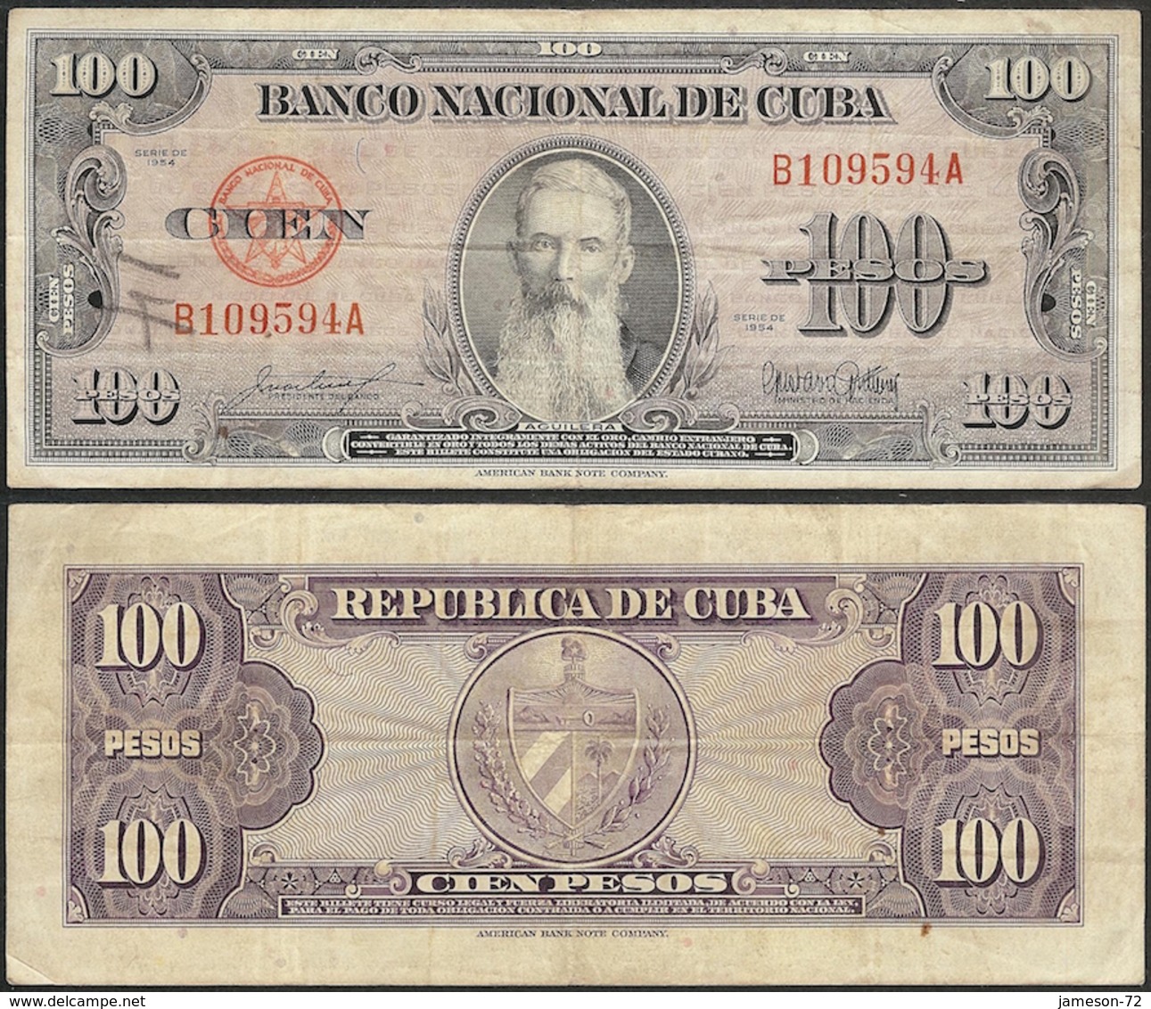 CUBA - 100 Pesos 1954 P# 82b America Banknote - Edelweiss Coins - Costa Rica