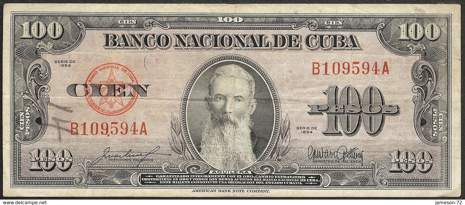 CUBA - 100 Pesos 1954 P# 82b America Banknote - Edelweiss Coins - Costa Rica