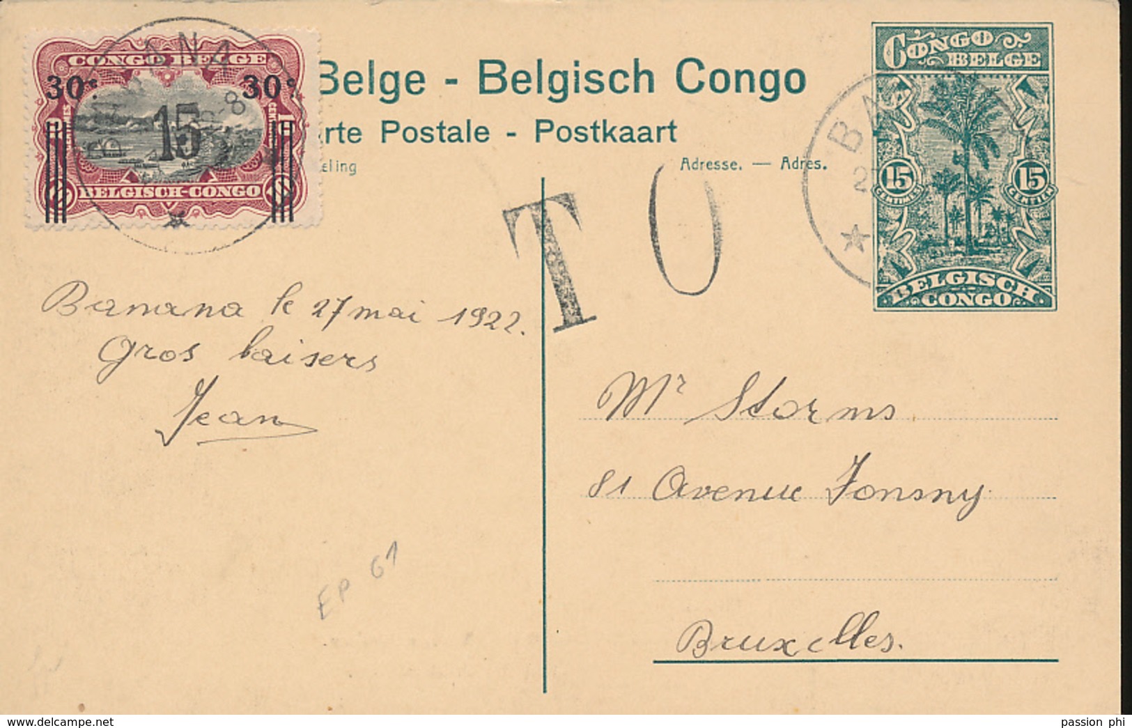 BELGIAN CONGO PPS 1922 ISSUE STIBBE 61 VIEW 84 USED BANANA 27.05.1922 UNOFFICIAL OVERPRINT ON THE STAMP O NUL + T - Entiers Postaux