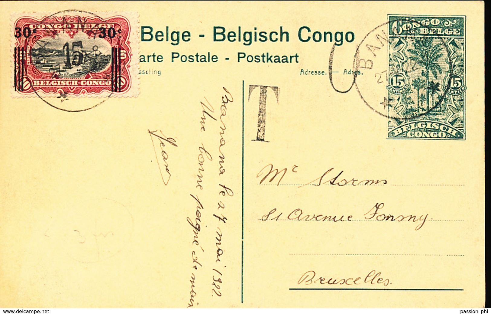 BELGIAN CONGO PPS 1922 ISSUE STIBBE 61 VIEW 84 USED BANANA 27.05.1922 UNOFFICIAL OVERPRINT ON THE STAMP O NUL + T - Ganzsachen