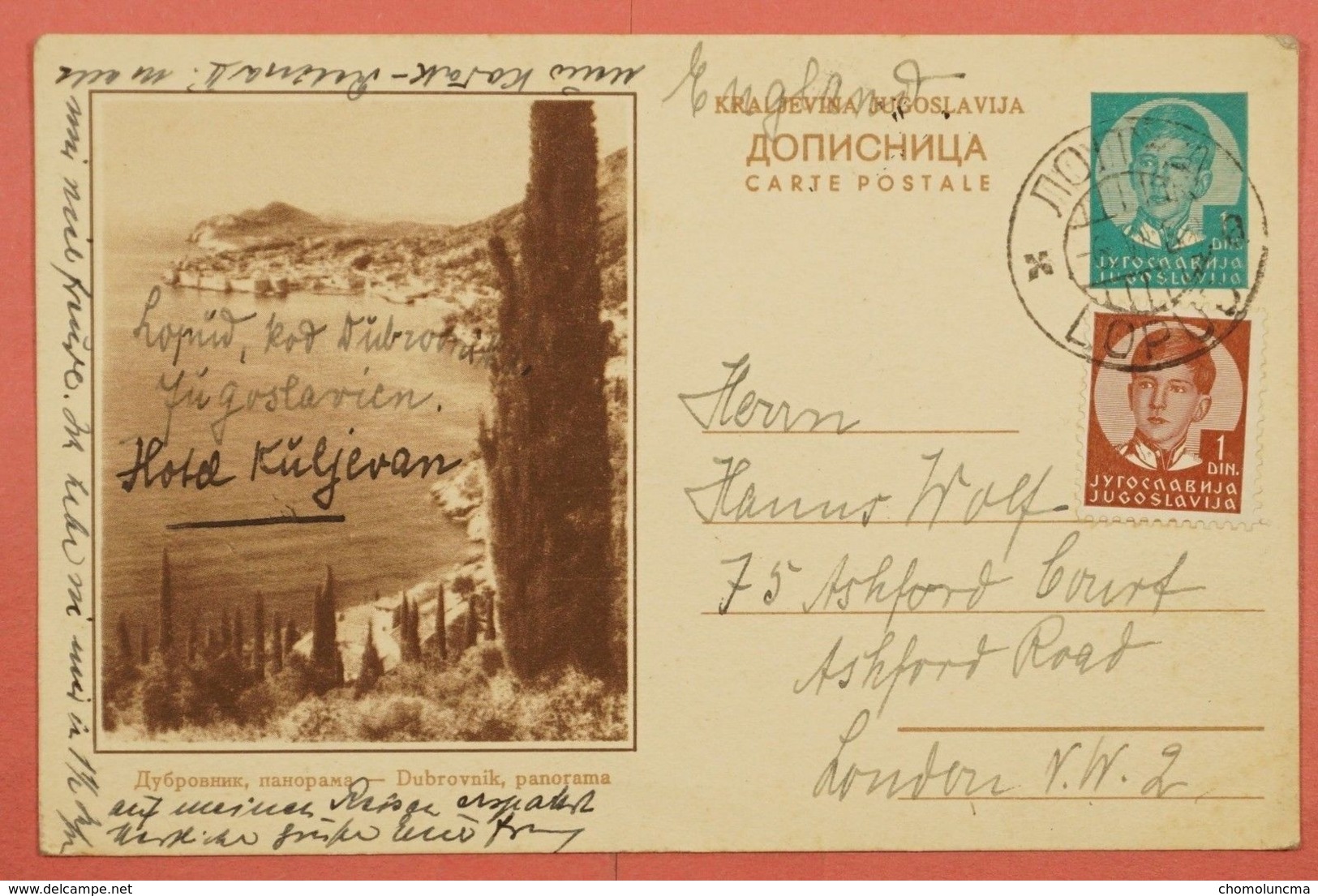 YUGOSLAVIA CROATIA LOPUD POST CARD TO LONDON DUBROVNIK ILLUSTRATED POSTAL CARD 1938 King Petar 2 Postal Stationery - Entiers Postaux