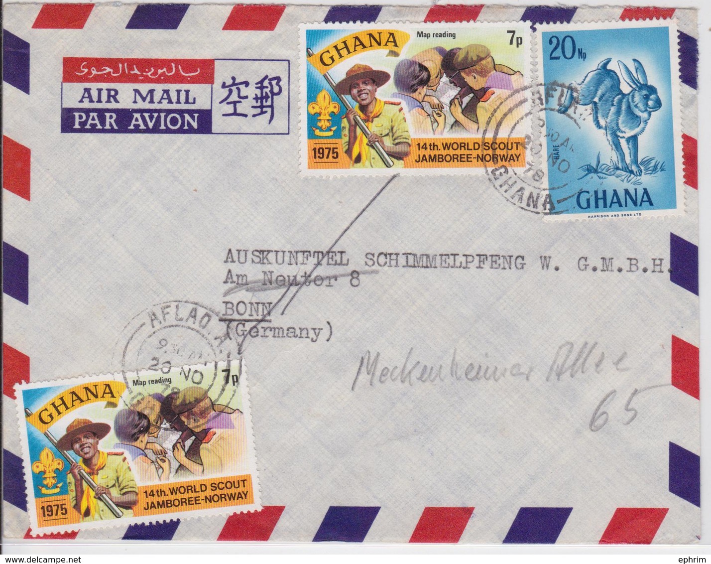 GHANA AFLAO TO BONN 1978 AIR MAIL COVER HARE JAMBOREE-NORWAY 1975 LETTRE TIMBRE SCOUTISME SCOUTS - Lettres & Documents