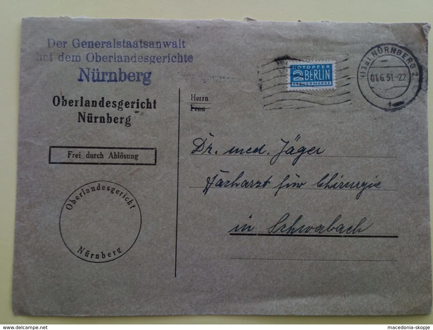 Oberlandesgericht Nurnberg  - Cover - Stamp - Stamps - Briefe U. Dokumente