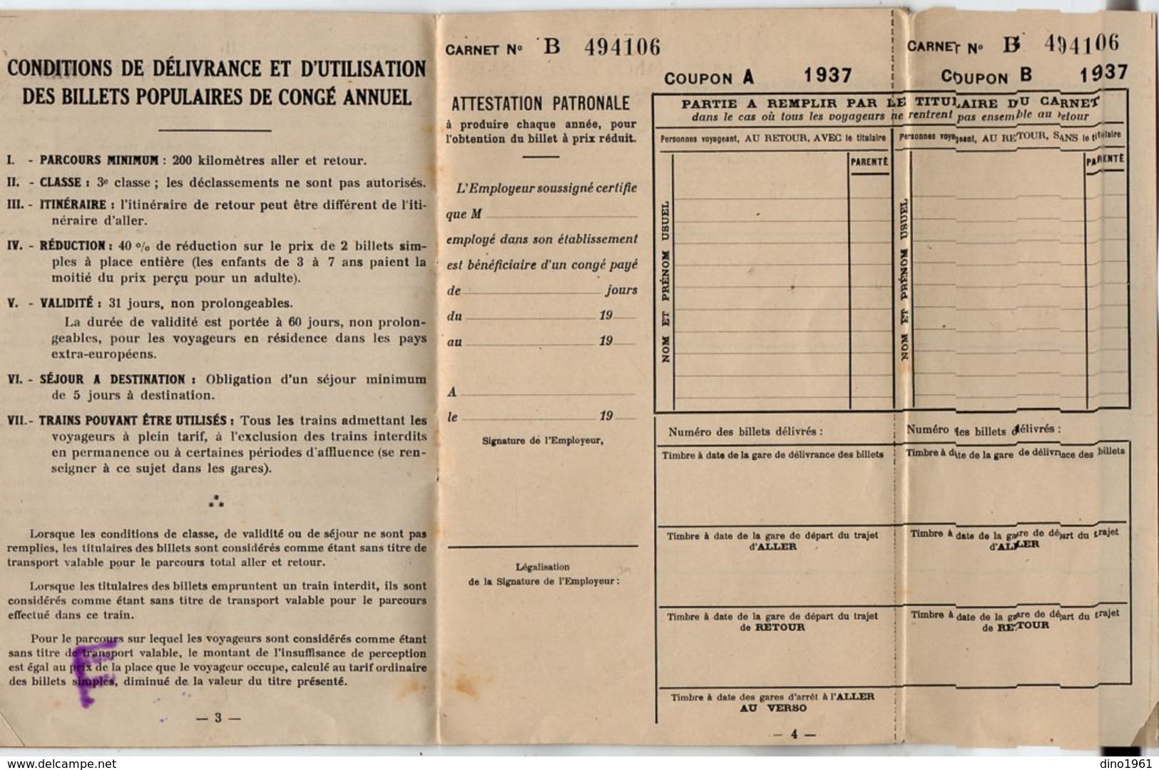 VP13.639 - CHARLEVILLE MEZIERES 1937 - Chemin De Fer - Carnet Pour La Délivrance De Billets Populaires De Congé Annuel - Andere & Zonder Classificatie