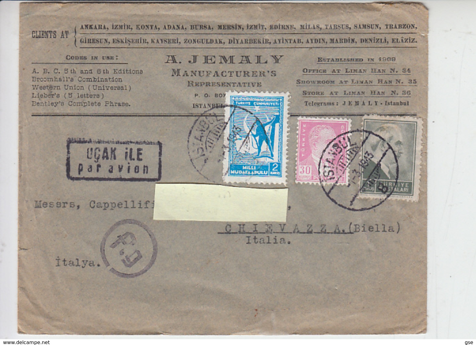 TURCHIA 1943 -  Air Mail Per L'Italia - Storia Postale
