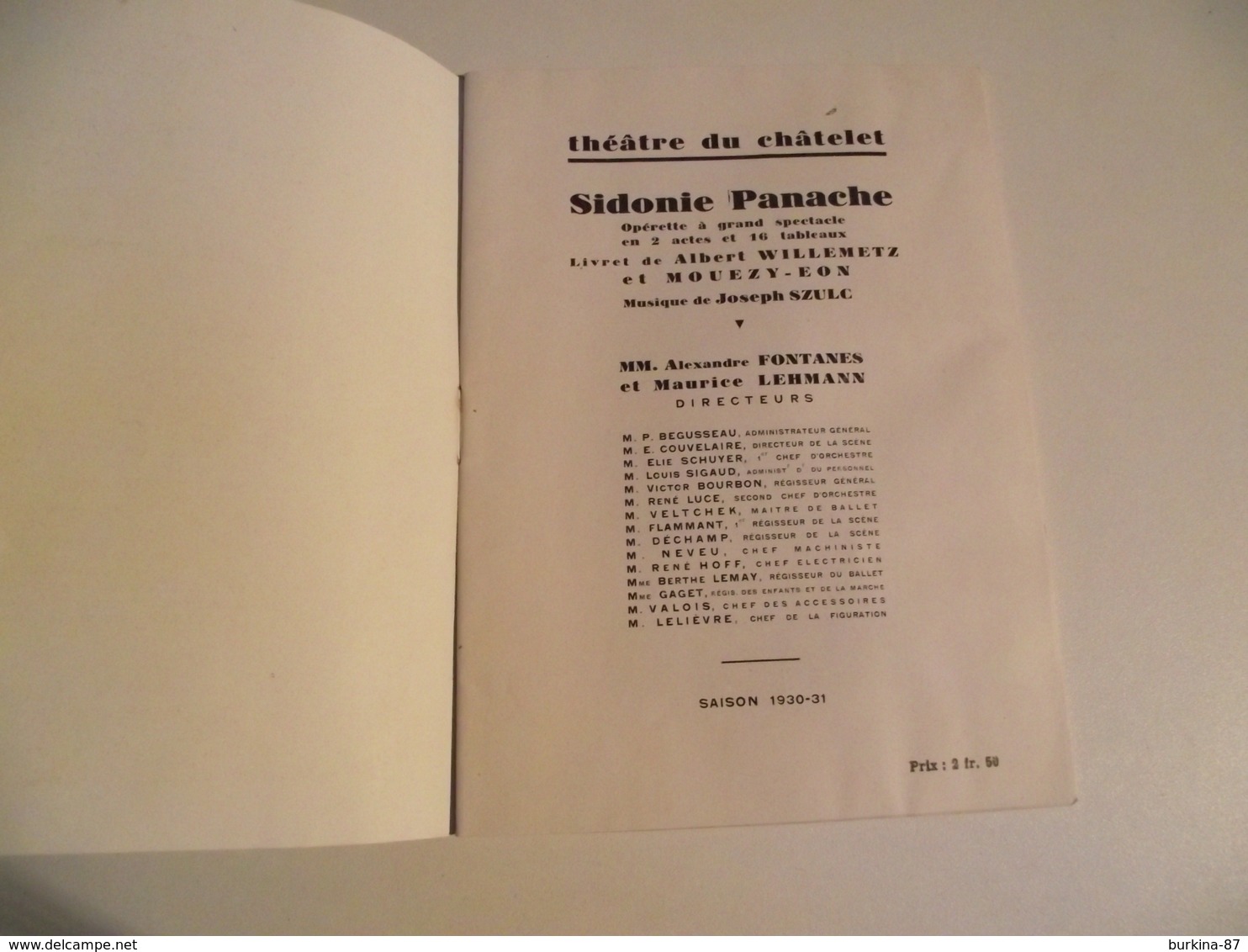 THÉÂTRE Du CHÂTELET, Programme, Saison 1930/31, SIDONIE PANACHE - Programmes