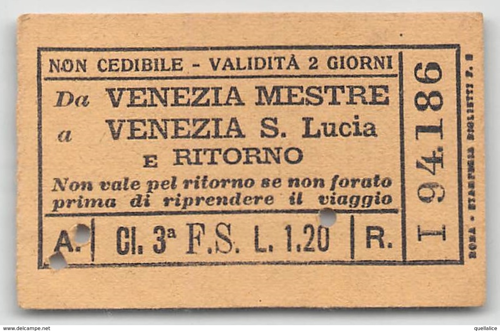 0697 "BIGLIETTO TRASPORTO FS DA VENEZIA MESTRE A VENEZIA S. LUCIA E RITORNO - NR I 94186 - 30/09/1932" - Europe