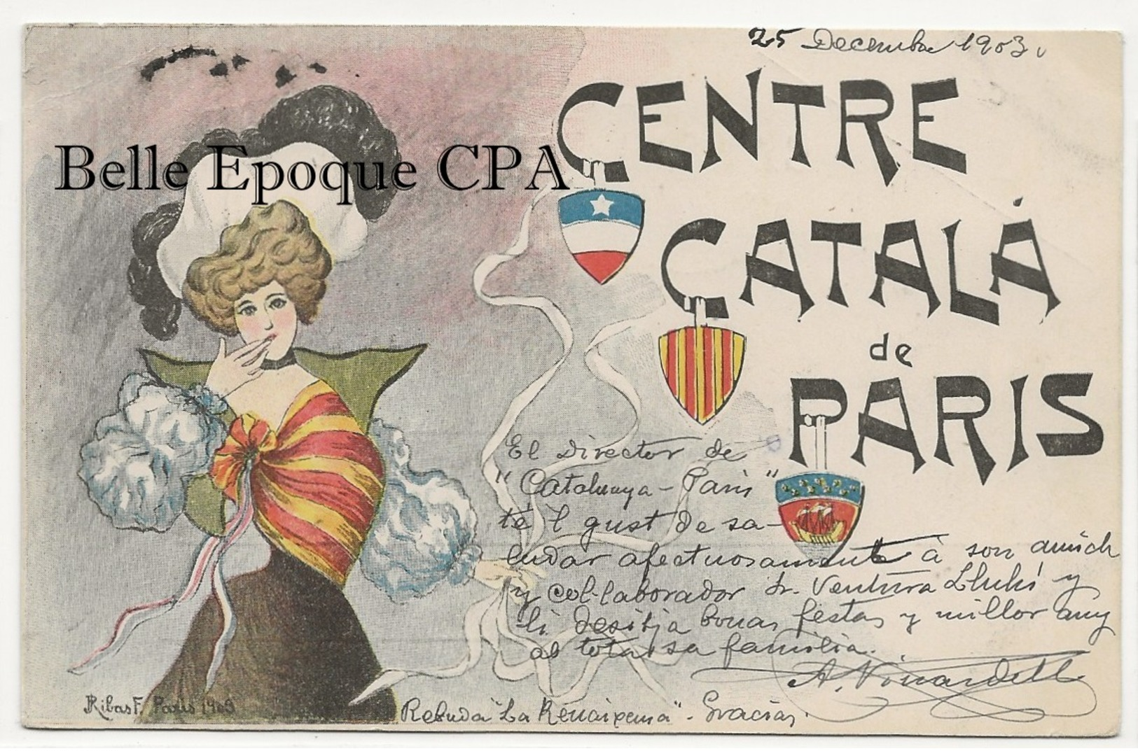 75 - PARIS 09 - 4, Rue De Caumartin - CENTRE CATALÁ De PARIS +++ Illustrateur F. RIBAS +++ To BELGIUM, 1903 +++ RARE - Arrondissement: 09