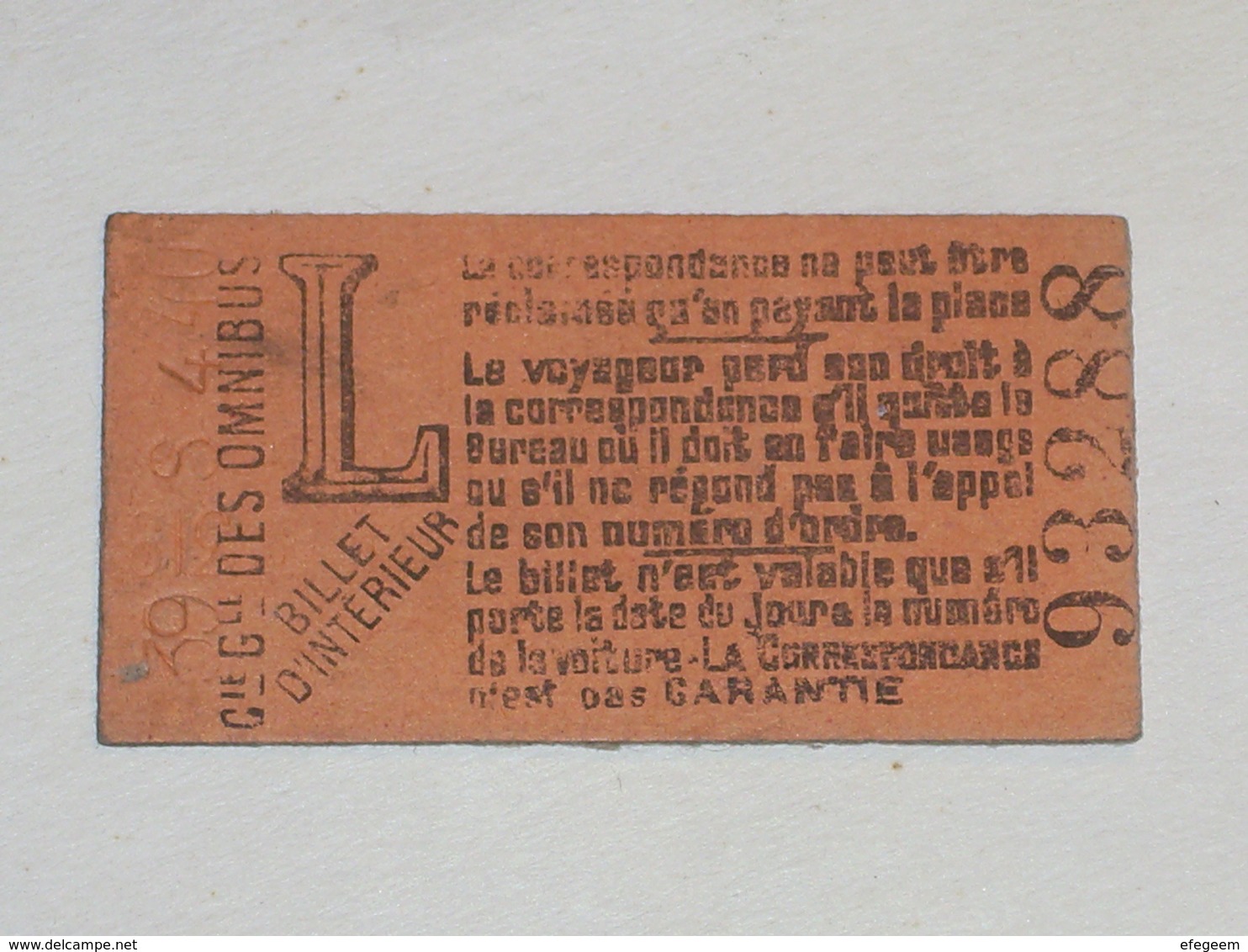 Ancien Ticket Omnibus " L ". Compagnie Générale Des Omnibus, Ticket Metro. - Europe