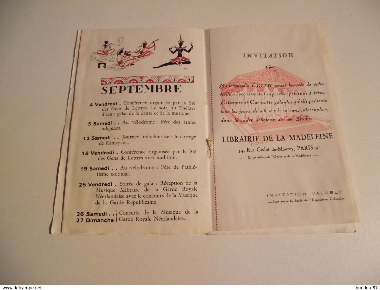 EXPOSITION COLONIALE , 1931, Calendrier des Fetes, programme