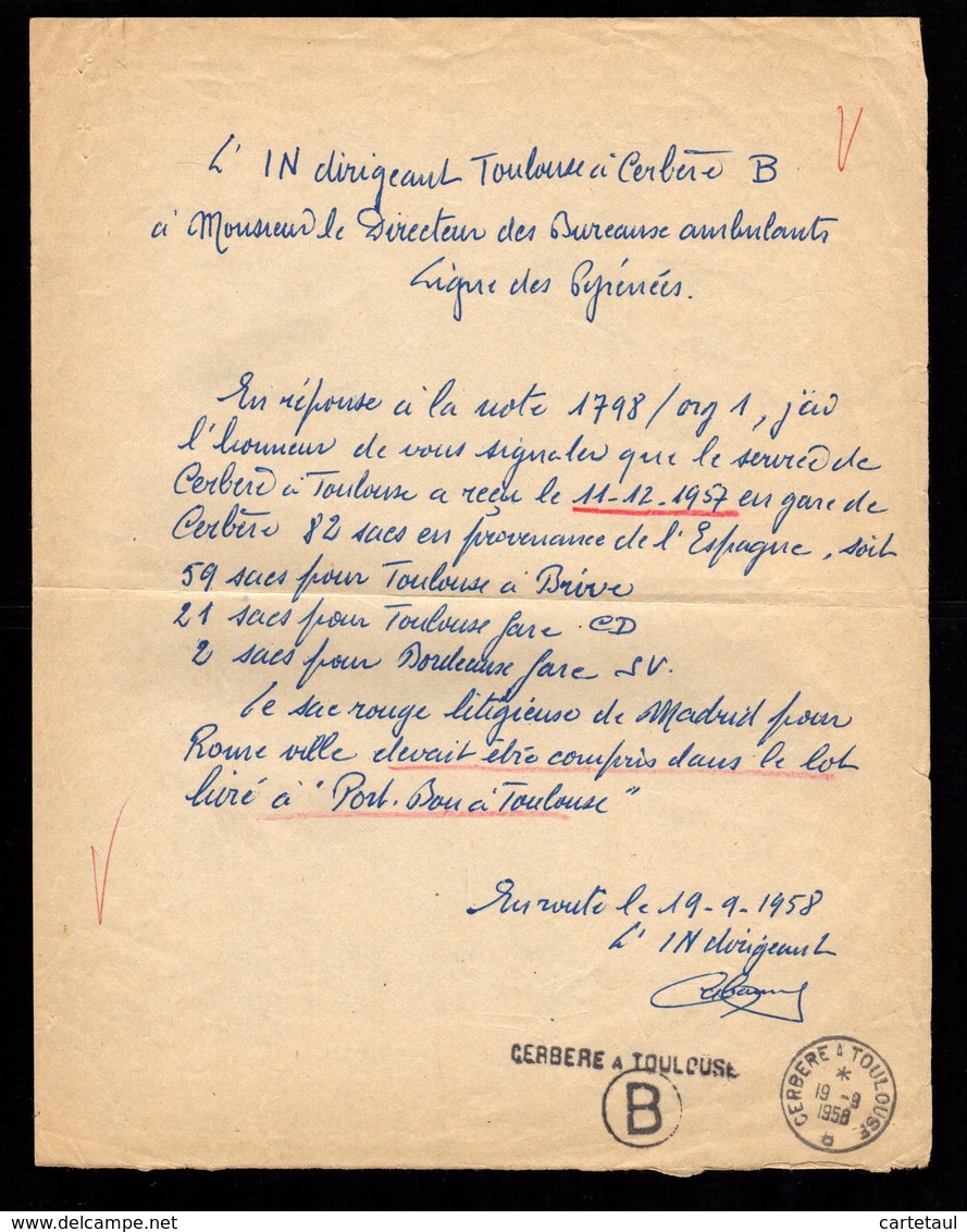 !! L'IN Dirigeant Ambulant TOULOUSE à CERBERE Brigade B Rapport Comptage Et Vérif Sacs Dont Sac Rouge Litigieux 19-9-58 - Poste Ferroviaire