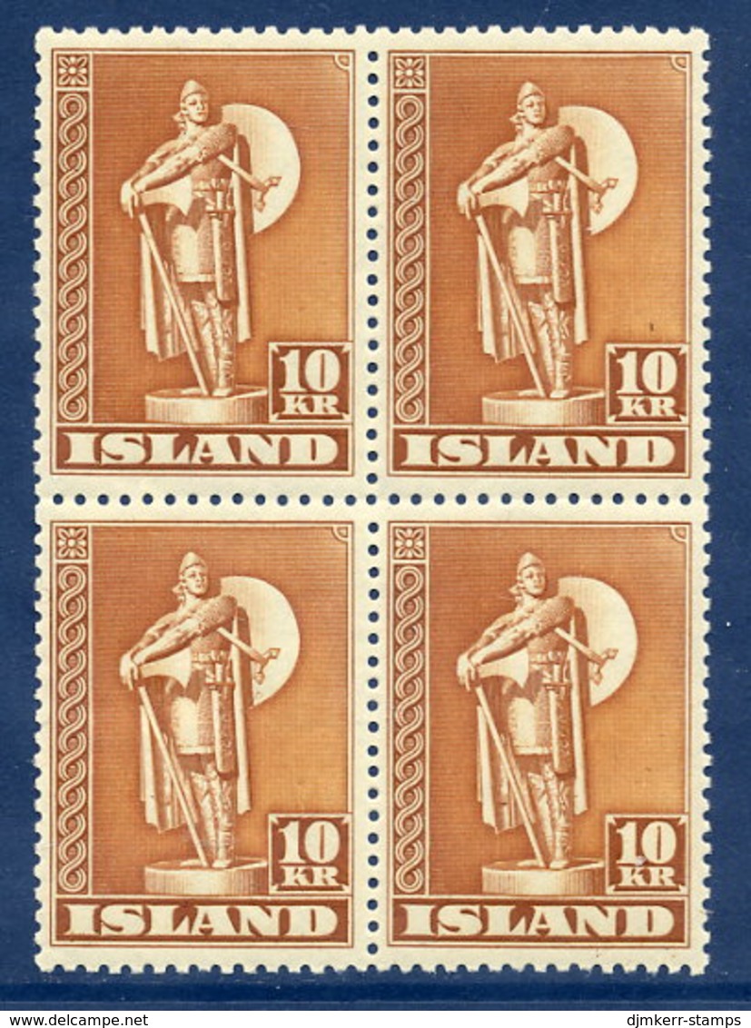 ICELAND 1945-1948 Karlsefni Monument 10 Kr. Perforated 11½ In Block Of 4 MNH / **.  Michel 240 E - Nuevos