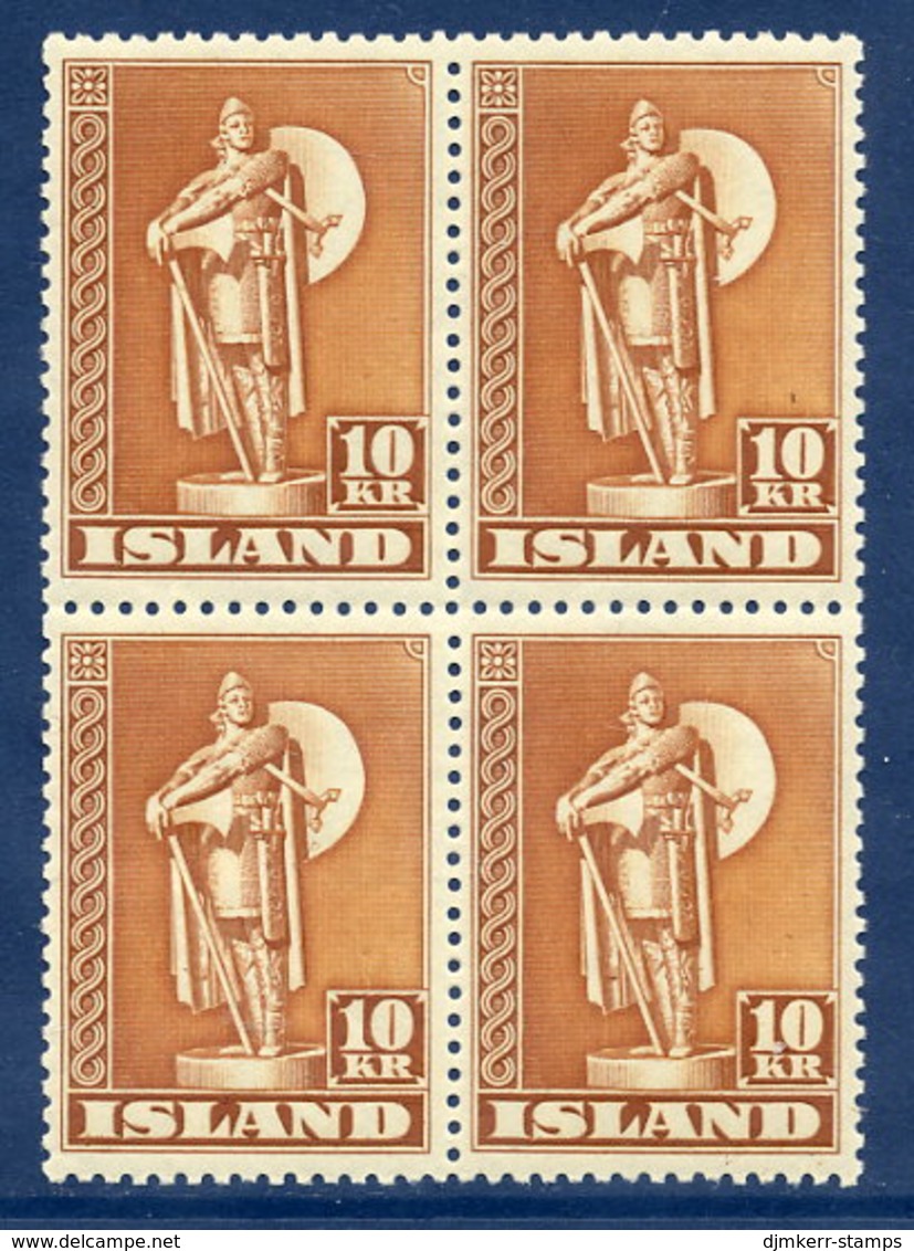 ICELAND 1945-1948 Karlsefni Monument 10 Kr. Perforated 11½ In Block Of 4 MNH / **.  Michel 240 E - Unused Stamps