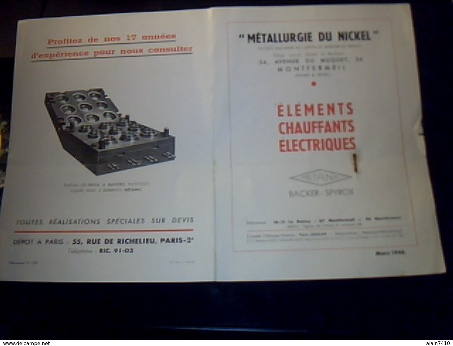 Publicite  Ets METAURGIE DU NICKEL A Montfermeil Seine Et Oise Elements Chauffant Electrique Aannee ,,?? - Publicités