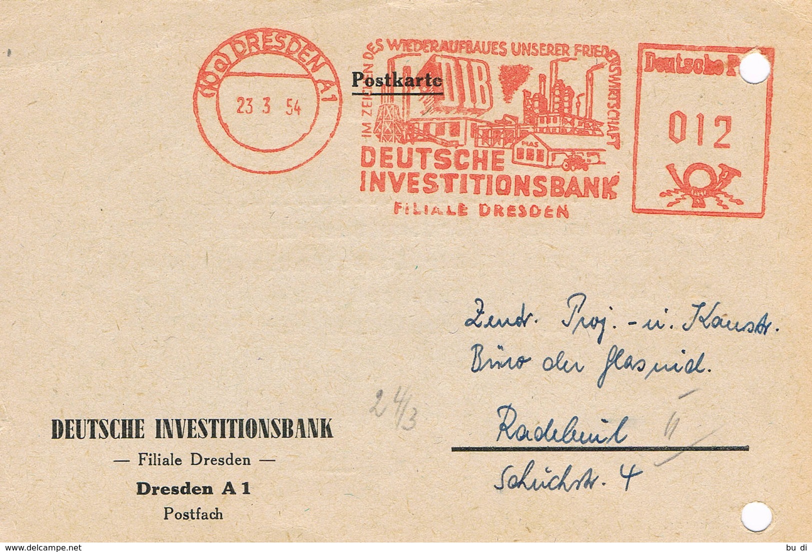 DDR - Freistempel 1954 Deutsche Investitionsbank Dresden - Wirtschaft, Economy  - Meterstamp - Macchine Per Obliterare (EMA)