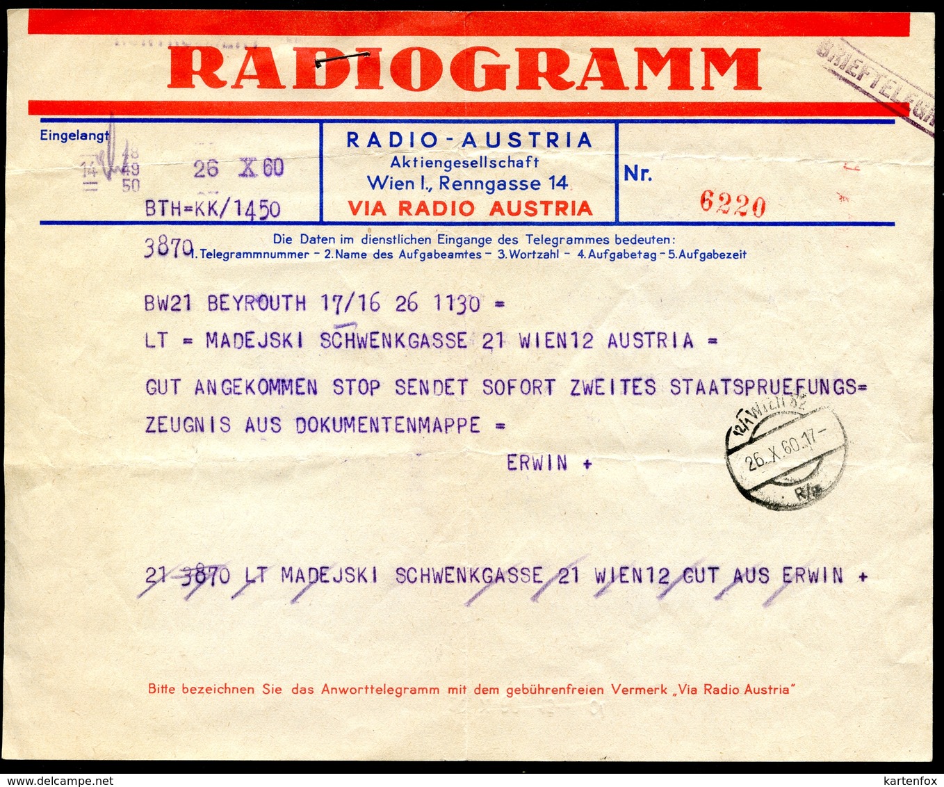 Radiogramm, Brieftelegramm, 26.10.1960, Von Beyrouth  Nach Wien - Autres & Non Classés