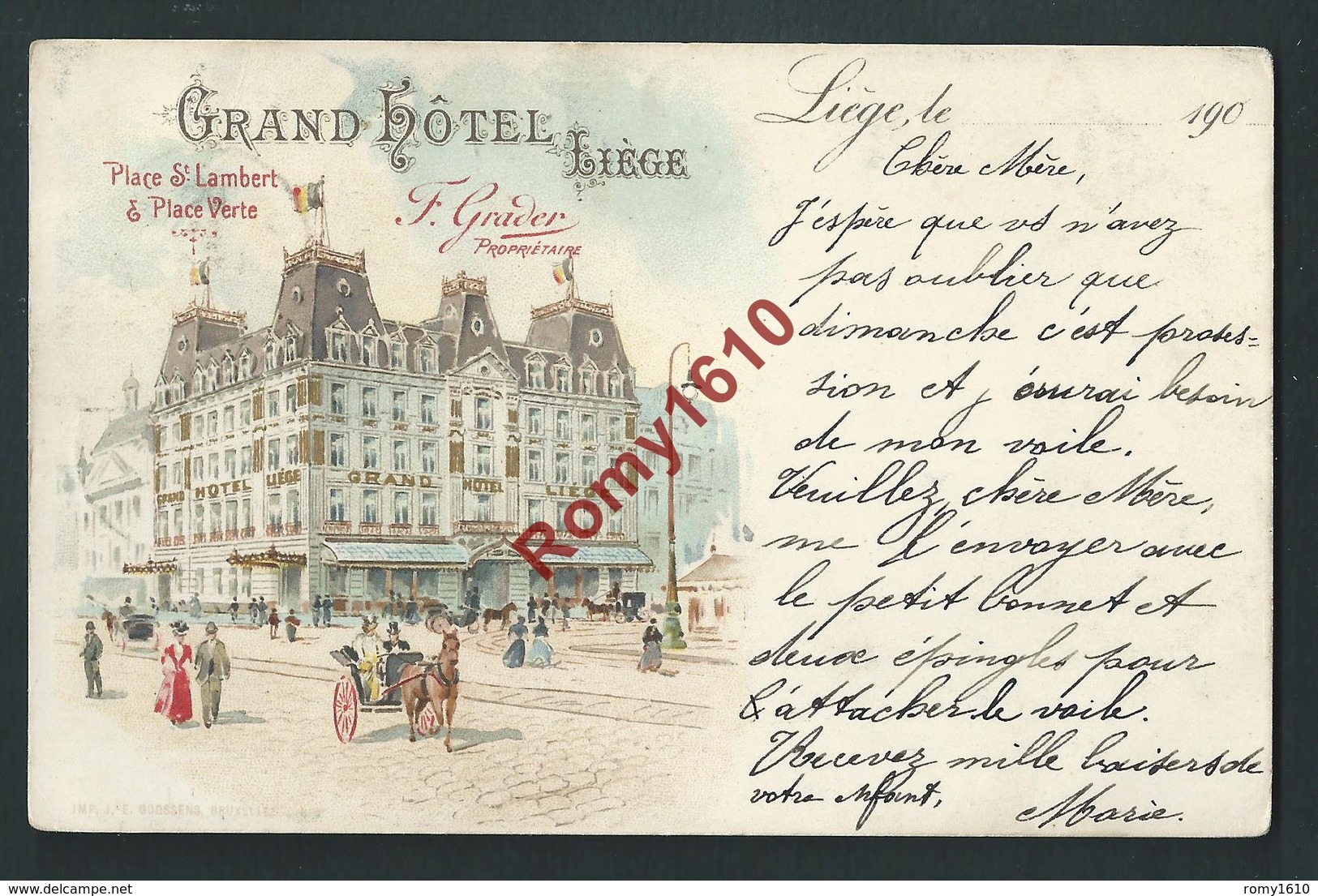 Liège. Grand Hôtel Place St. Lambert.  Litho Couleur Et Fines Dorures. . Voyagée En 1901. Voir Dos. - Liege