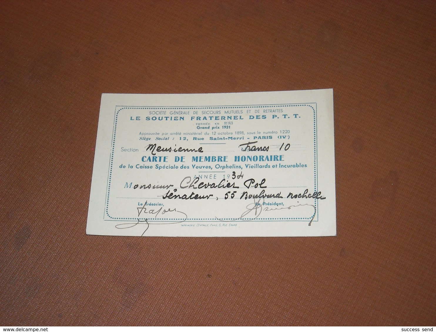 CARTE SOUTIEN FRATERNEL DES P.T.T. LA POSTE Année 1934. MEMBRE HONORAIRE SENATEUR CHEVALIER MEUSE Bar Le Duc - Cartes De Visite