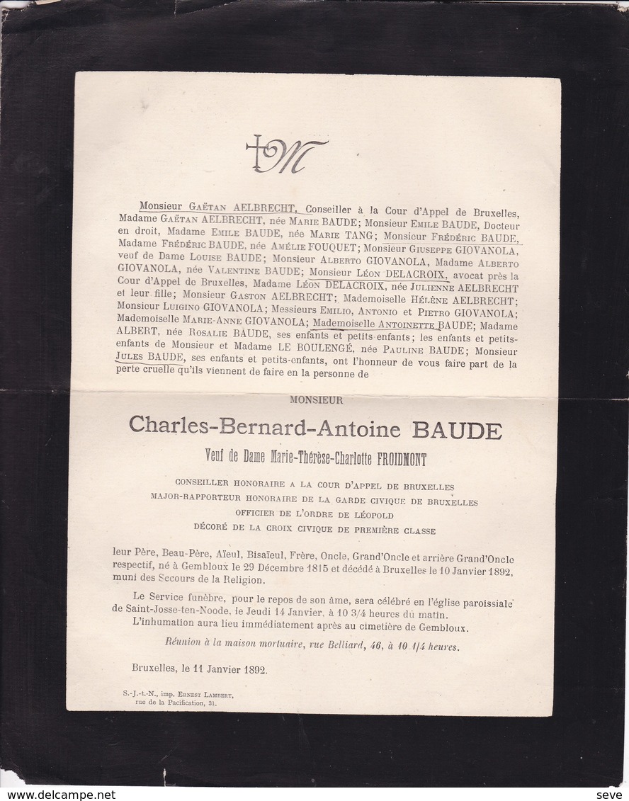 GEMBLOUX Bruxelles Charles-Bernard BAUDE Veuf FROIDMONT Marie-Thérèse Cour D'appel  1815-1892 Enterré Gembloux - Todesanzeige