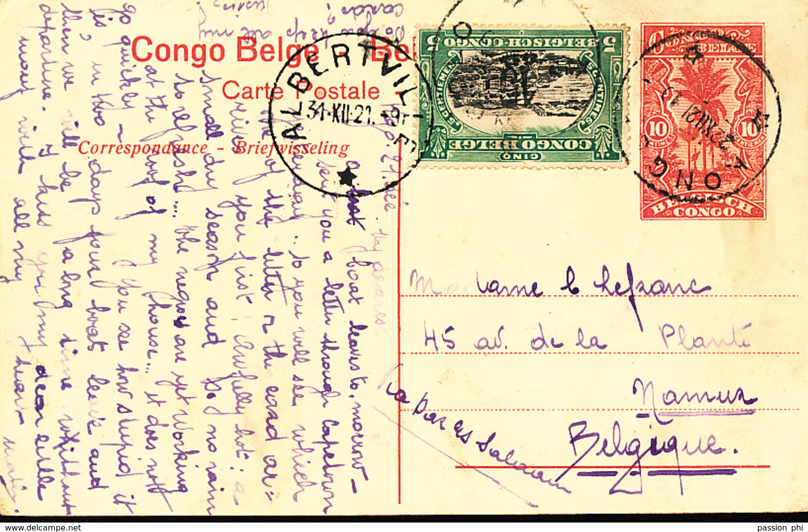 BELGIAN CONGO PPS 1912 ISSUE STIBBE 43 VIEW 44 KONGOLO 22.12.21 SURCHARGE NON OFFICIEL SUR LE TIMBRE VOIR DESCRIPTIF - Ganzsachen