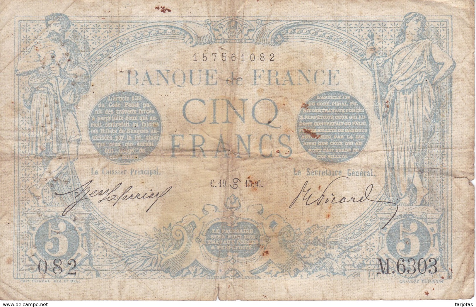 BILLETE DE FRANCIA DE 5 FRANCS DEL 19-06-1915    (BANKNOTE) BLEU - 5 F 1912-1917 ''Bleu''