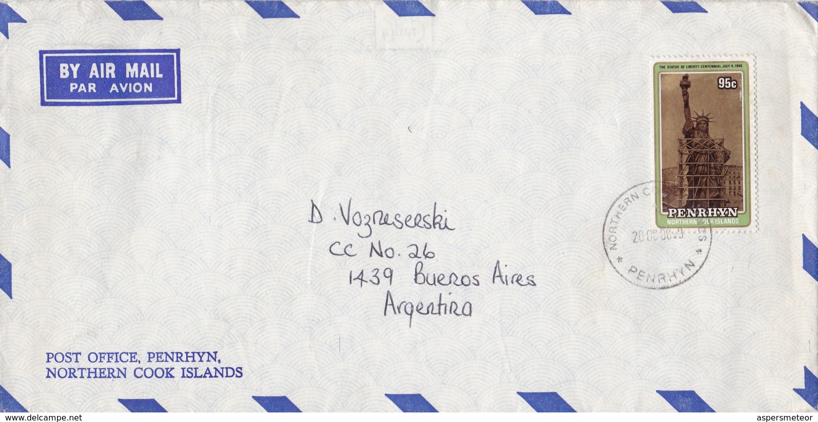 ENVELOPPE AIRMAIL CIRCULEE 1988 PENRHYN, COCK ISLANDS A ARGENTINE - BLEUP - Cook