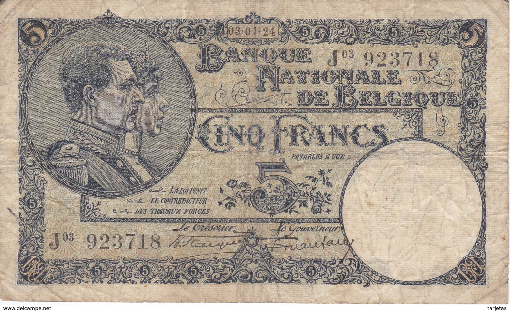 BILLETE DE BELGICA DE 5 FRANCS DEL 03-01-1924  (BANK NOTE) - 5 Francos