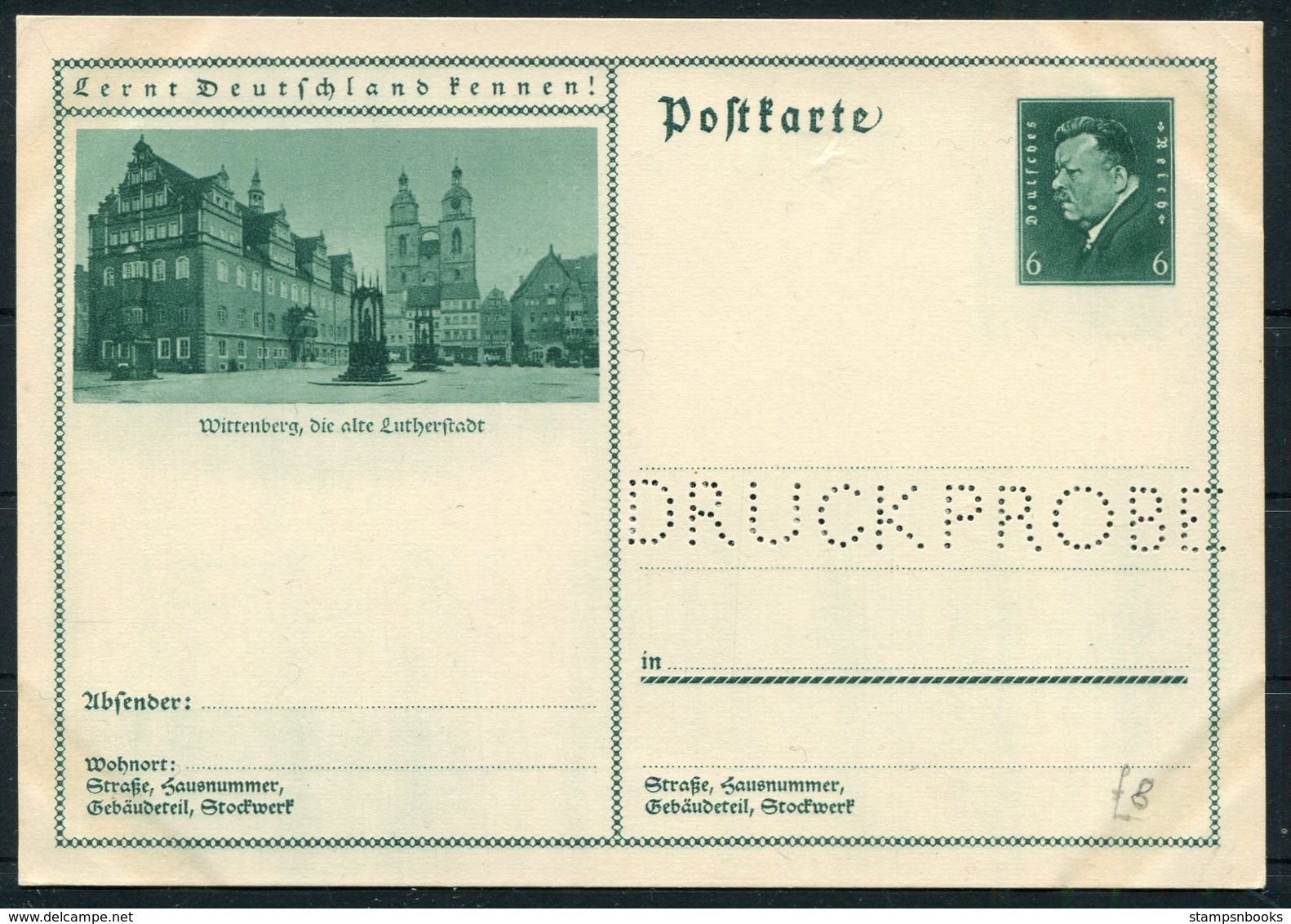 1930s Germany Wittenberg Illustrated Stationery Postcard. DRUCKPROBE - Covers & Documents