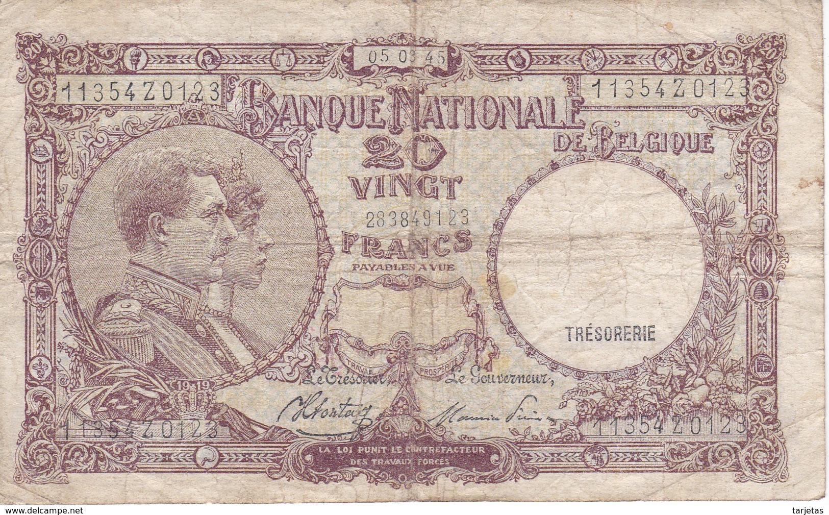 BILLETE DE BELGICA DE 20 FRANCS DEL 05-03-1945  (BANK NOTE) TRESORERIE - 20 Francos