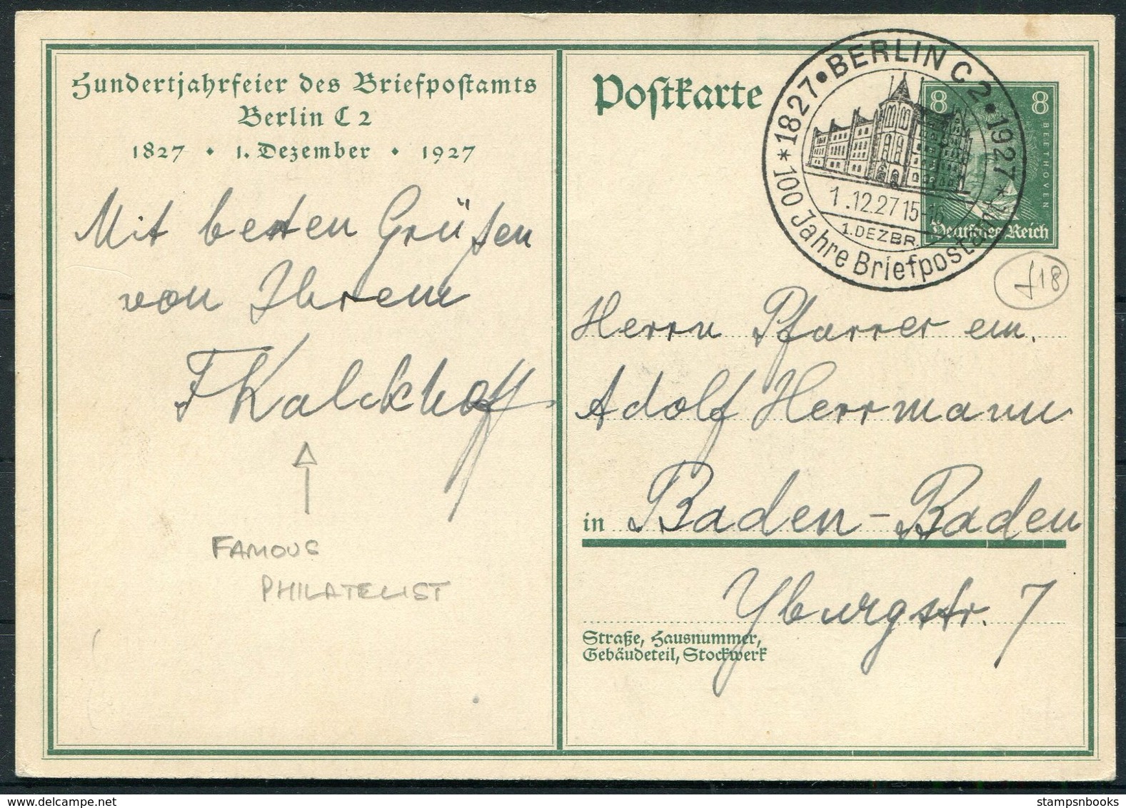 1927 Germany Beethoven Stationery Postcard, Berlin 100 Jahre Briefpostamt. Famous Philatelist - Covers & Documents