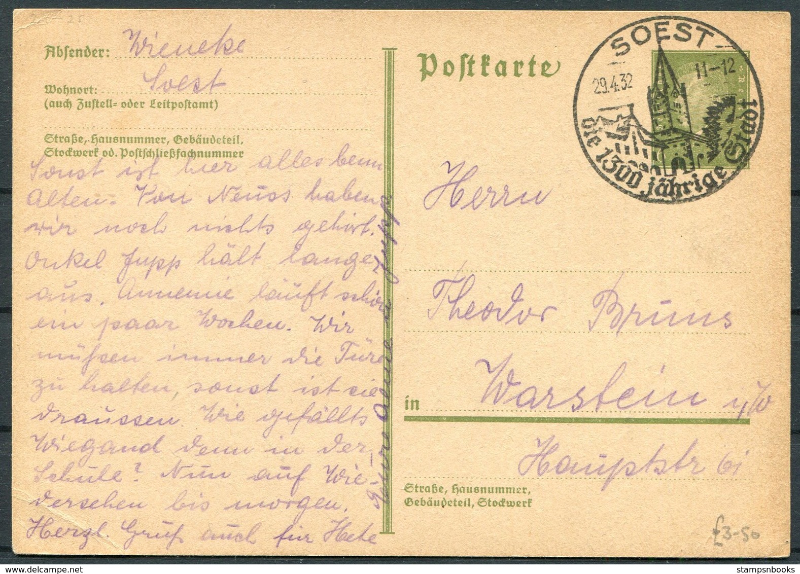 1932 Germany Stationery Postcard Soest 1300 Jahre Sonderstempel - Covers & Documents