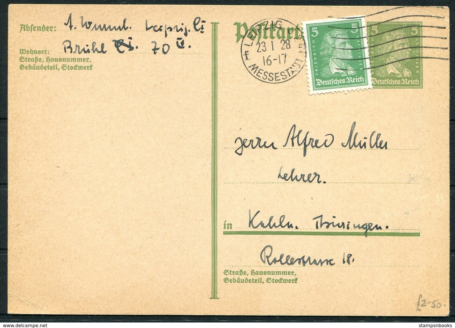 1928 Germany Uprated Schiller Stationery Postcard Leipzig - Covers & Documents